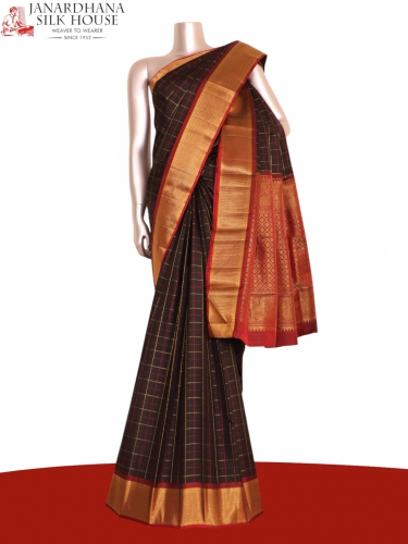 Pure Handloom Double Checks Kanjeevaram Silk Saree